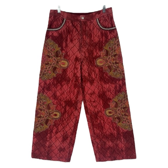 Free People Red Quilted Straight Leg Embroidered Fleurette Bohemian Pants SAMPLE - Picture 1 of 8